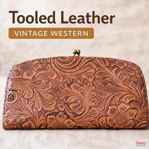 Vintage Crest Craft Tooled Leather Clutch Wallet Kiss Lock Floral Western Boho